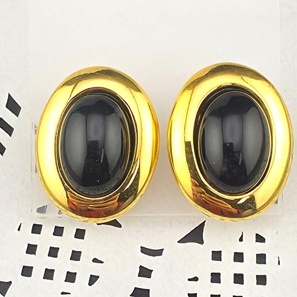 Vintage 90s Napier Black Lucite Cabochone Gold Plated Frame Clip on Earrings